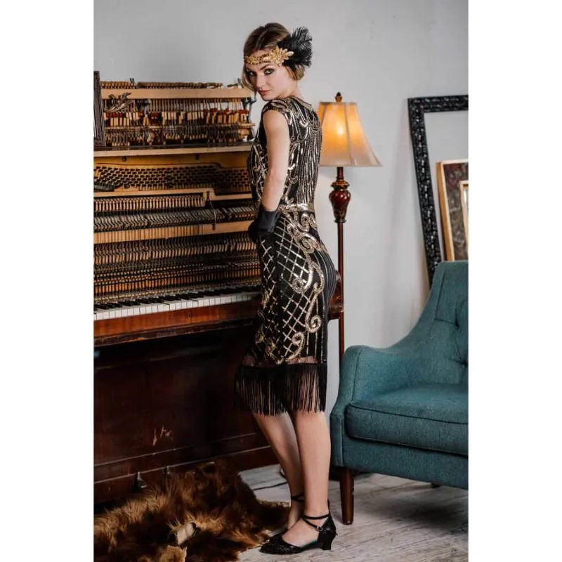 1920s Sequined Flapper Dress - Black & Gold - Hire