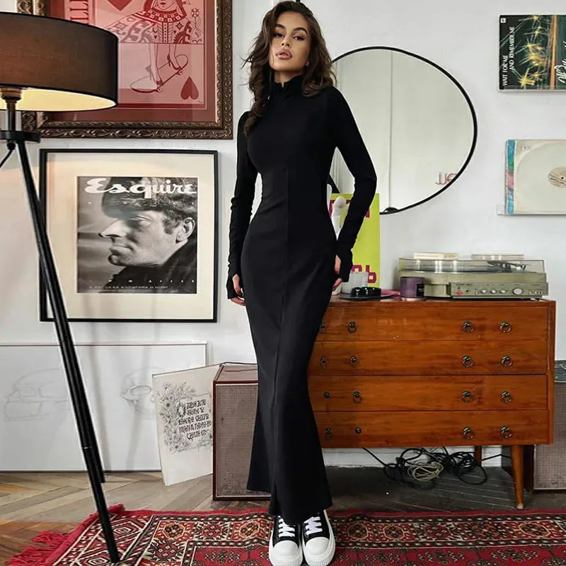 Amozae-A Elegant Turtleneck Long Sleeve Bodycon Long Dress For Women Autumn Winter New Ribbed Zipper Long Dress Fashion Clothes