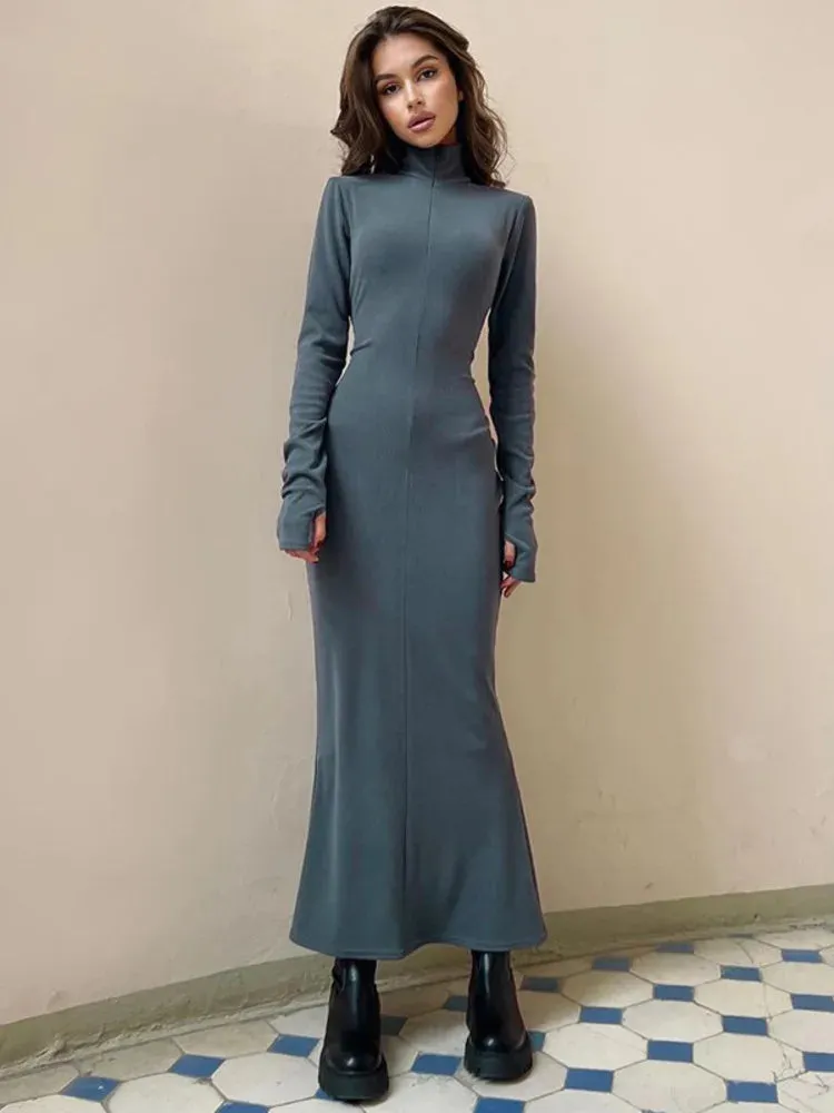 Amozae-A Elegant Turtleneck Long Sleeve Bodycon Long Dress For Women Autumn Winter New Ribbed Zipper Long Dress Fashion Clothes