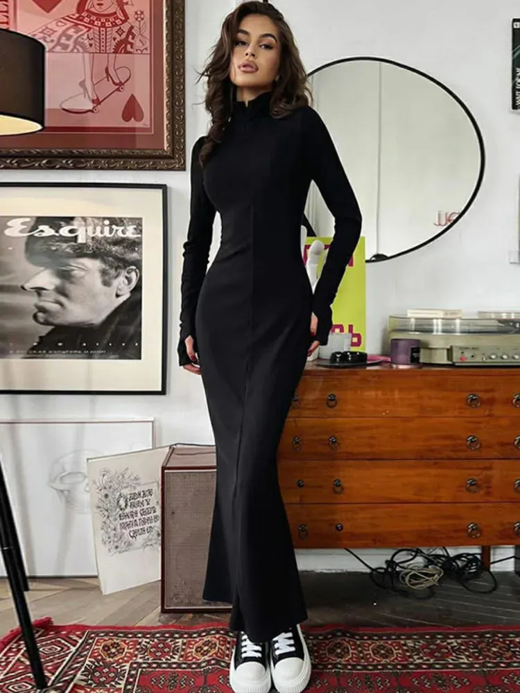 Amozae-A Elegant Turtleneck Long Sleeve Bodycon Long Dress For Women Autumn Winter New Ribbed Zipper Long Dress Fashion Clothes