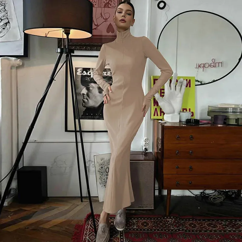 Amozae-A Elegant Turtleneck Long Sleeve Bodycon Long Dress For Women Autumn Winter New Ribbed Zipper Long Dress Fashion Clothes