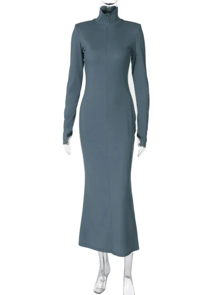 Amozae-A Elegant Turtleneck Long Sleeve Bodycon Long Dress For Women Autumn Winter New Ribbed Zipper Long Dress Fashion Clothes