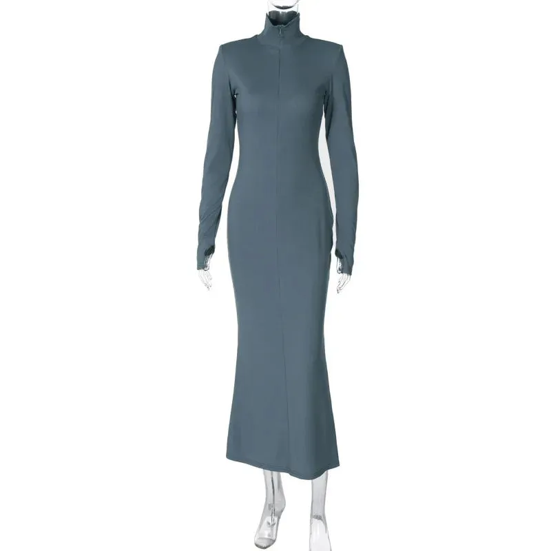 Amozae-A Elegant Turtleneck Long Sleeve Bodycon Long Dress For Women Autumn Winter New Ribbed Zipper Long Dress Fashion Clothes