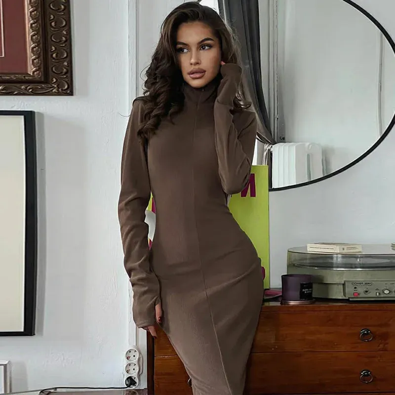 Amozae-A Elegant Turtleneck Long Sleeve Bodycon Long Dress For Women Autumn Winter New Ribbed Zipper Long Dress Fashion Clothes