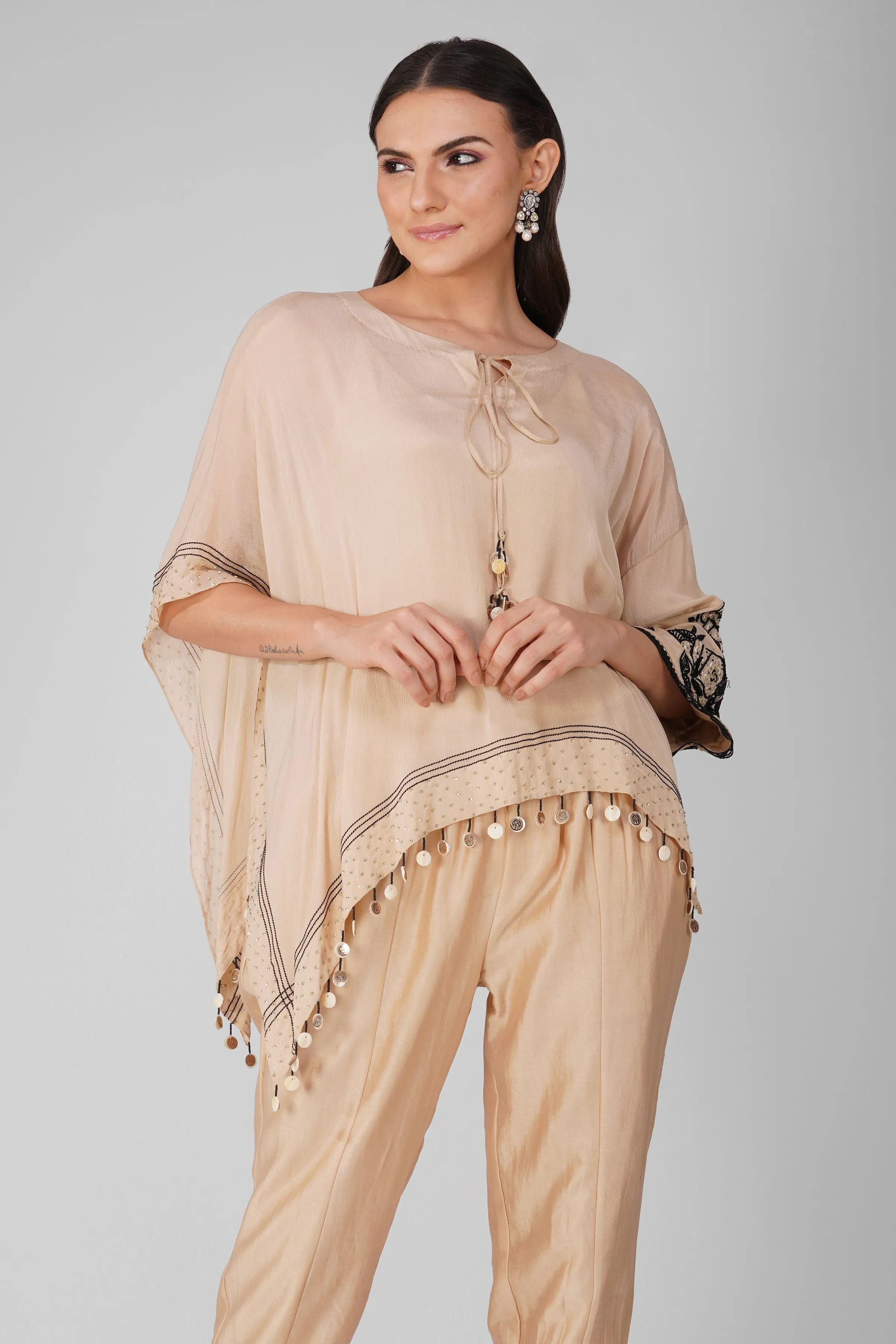 Beige Chiffon Asymmetric Cape Set
