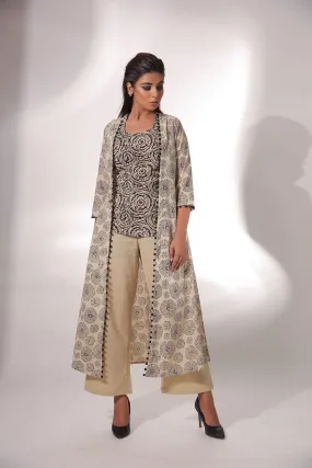 Beige Sleeveless Top With Pant & Cape