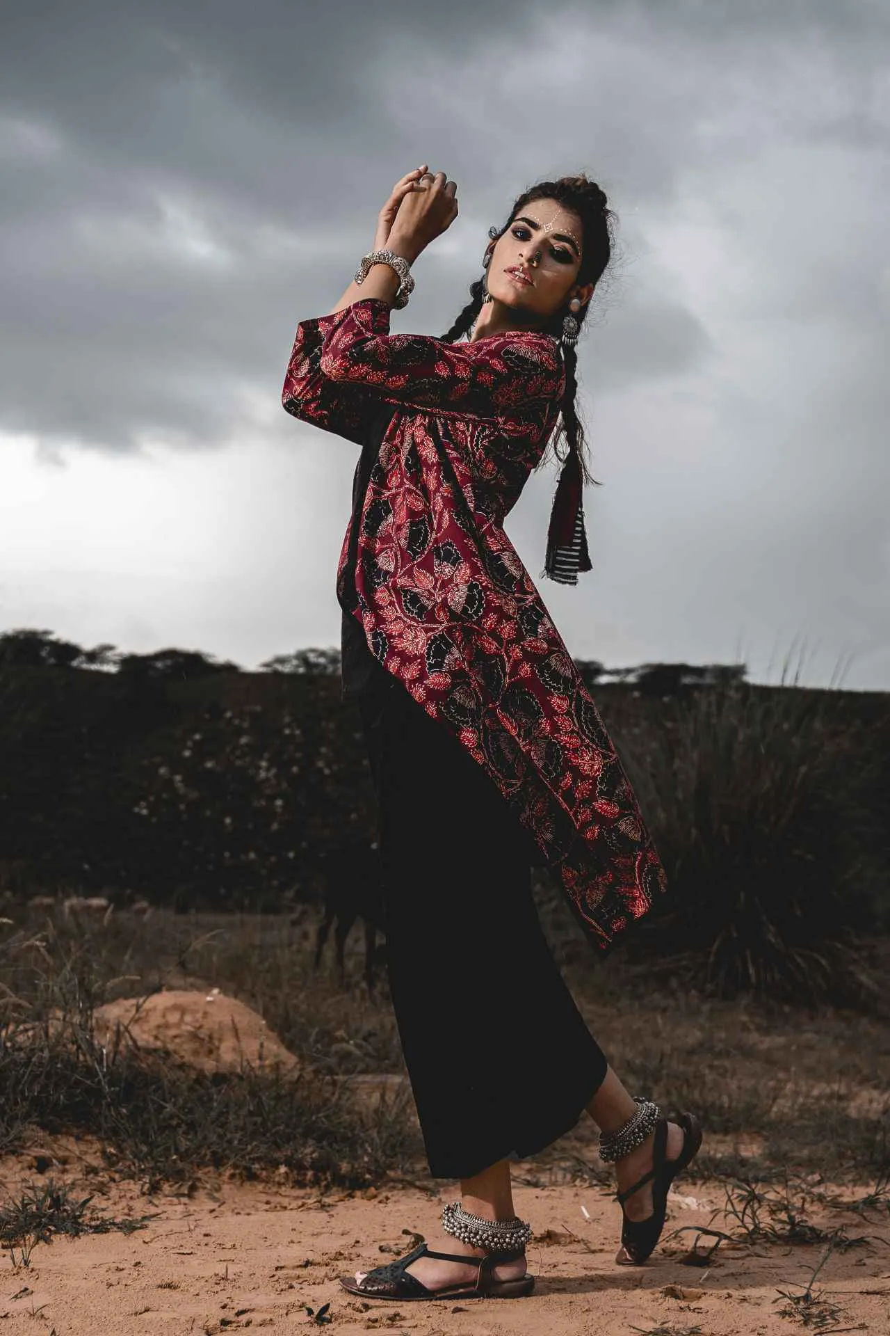Black Cotton Top With Maroon Hand Block Printed Jacket And Pants - Set Of 3