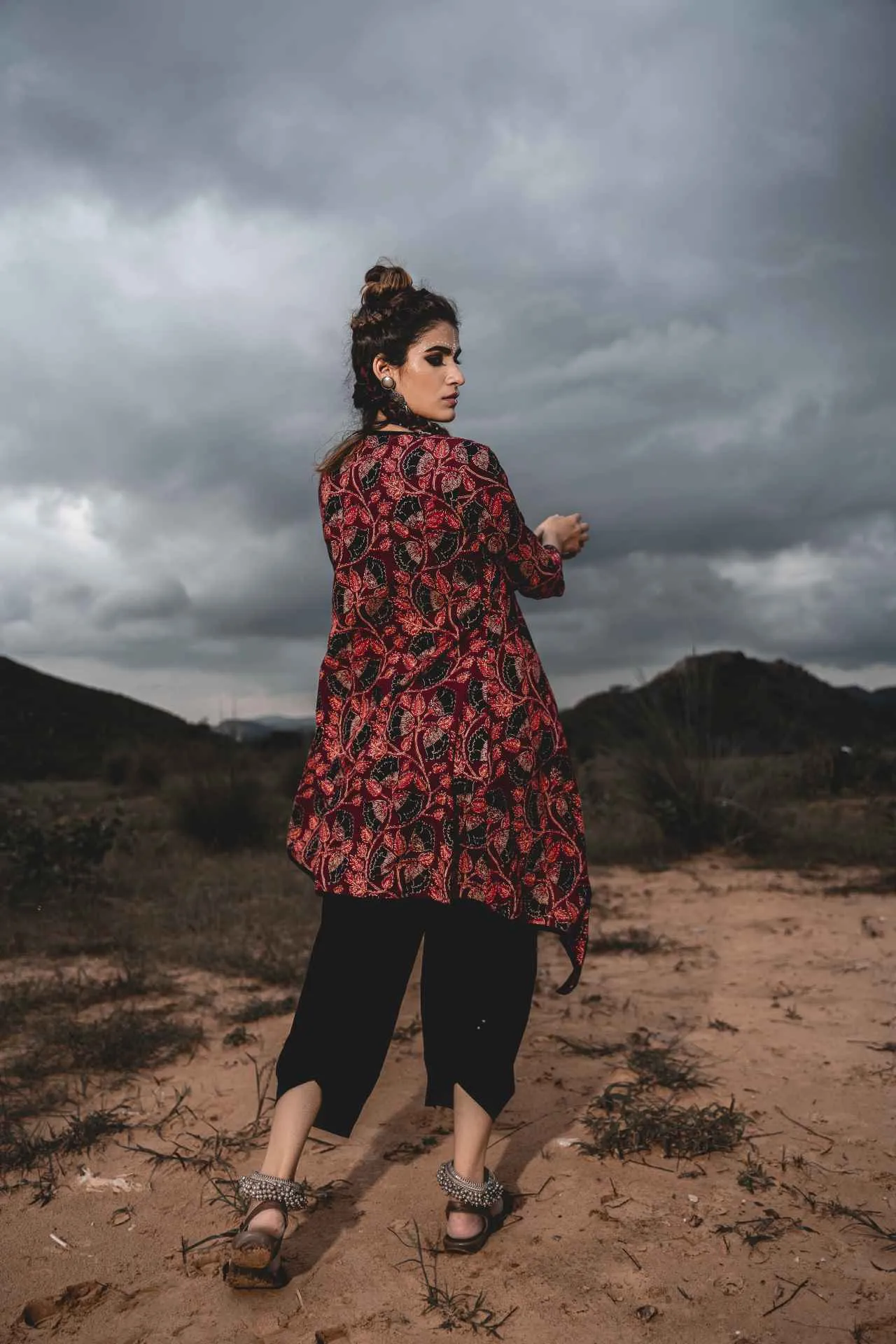 Black Cotton Top With Maroon Hand Block Printed Jacket And Pants - Set Of 3