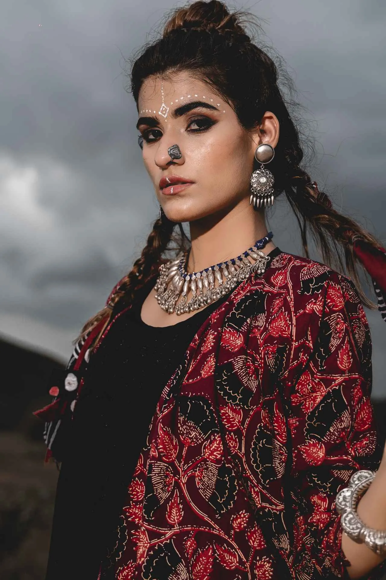 Black Cotton Top With Maroon Hand Block Printed Jacket And Pants - Set Of 3