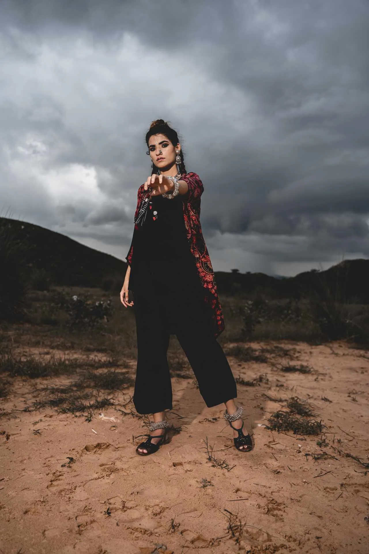 Black Cotton Top With Maroon Hand Block Printed Jacket And Pants - Set Of 3