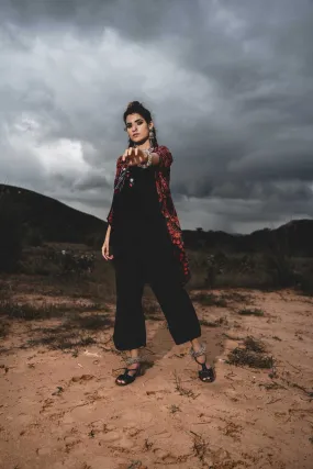 Black Cotton Top With Maroon Hand Block Printed Jacket And Pants - Set Of 3