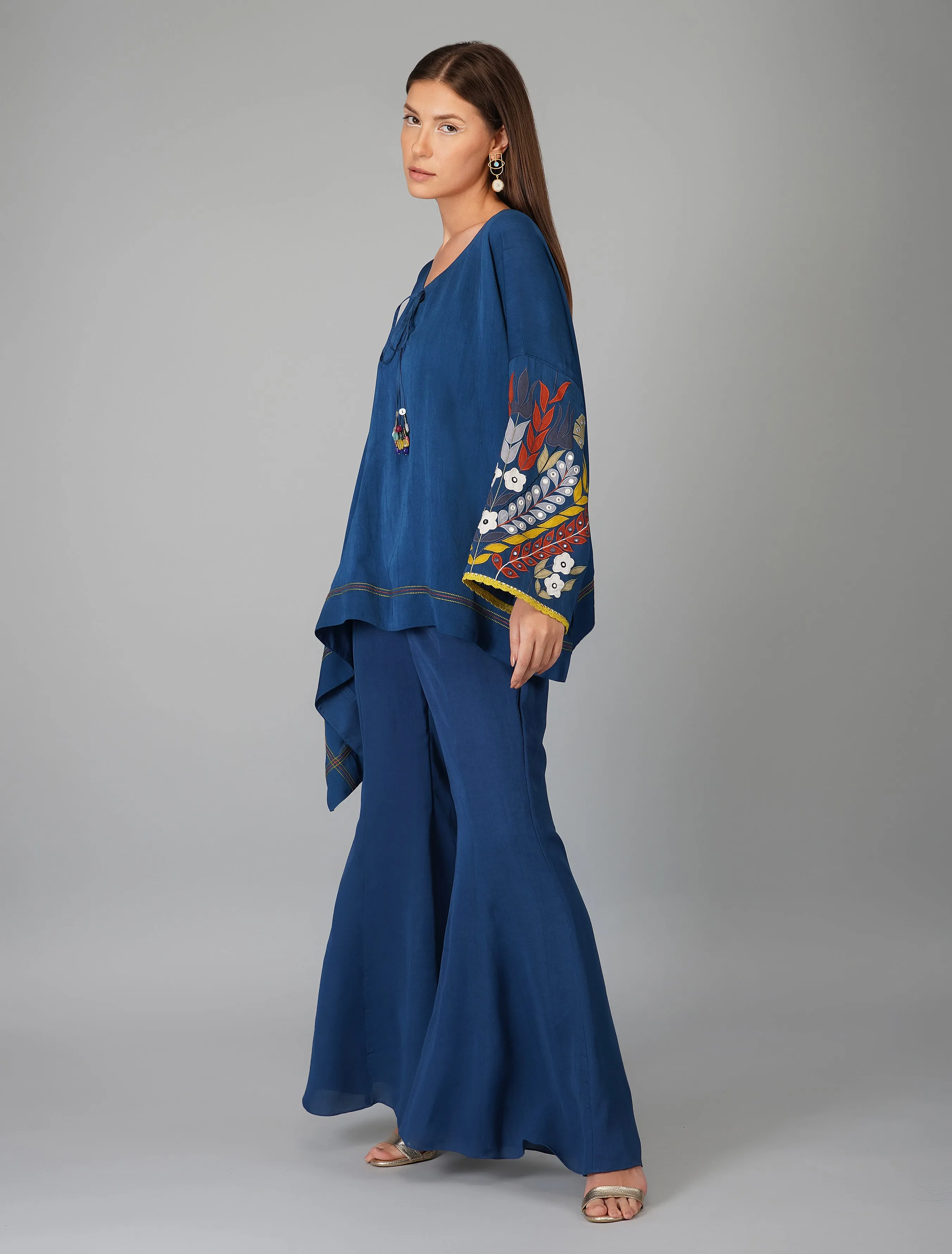 Blue Hand Embroidered Applique Cape Set