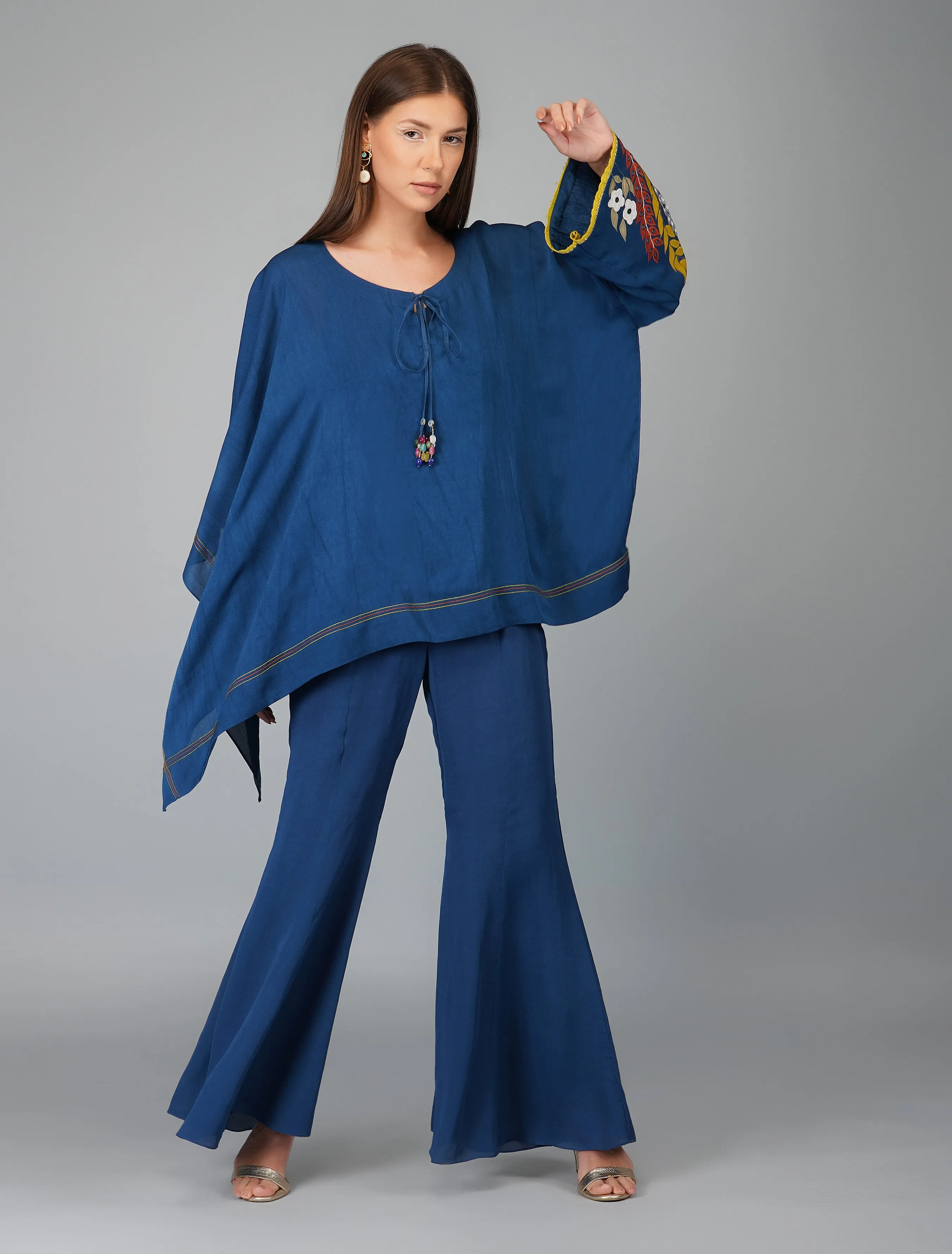Blue Hand Embroidered Applique Cape Set