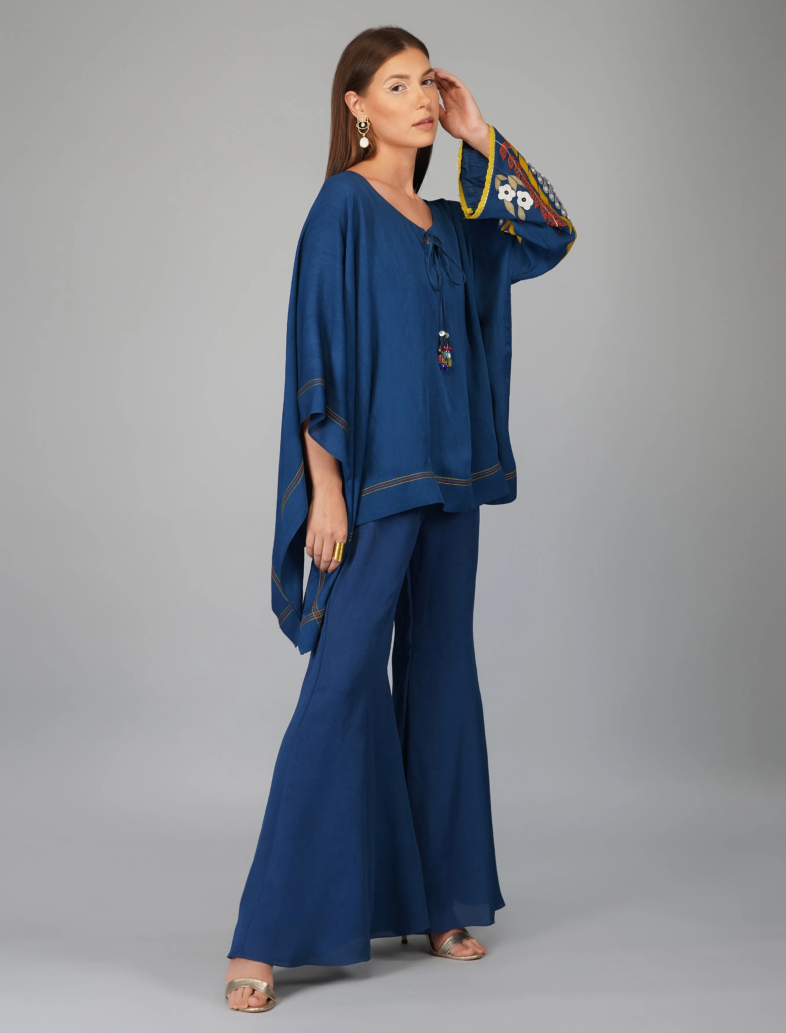 Blue Hand Embroidered Applique Cape Set