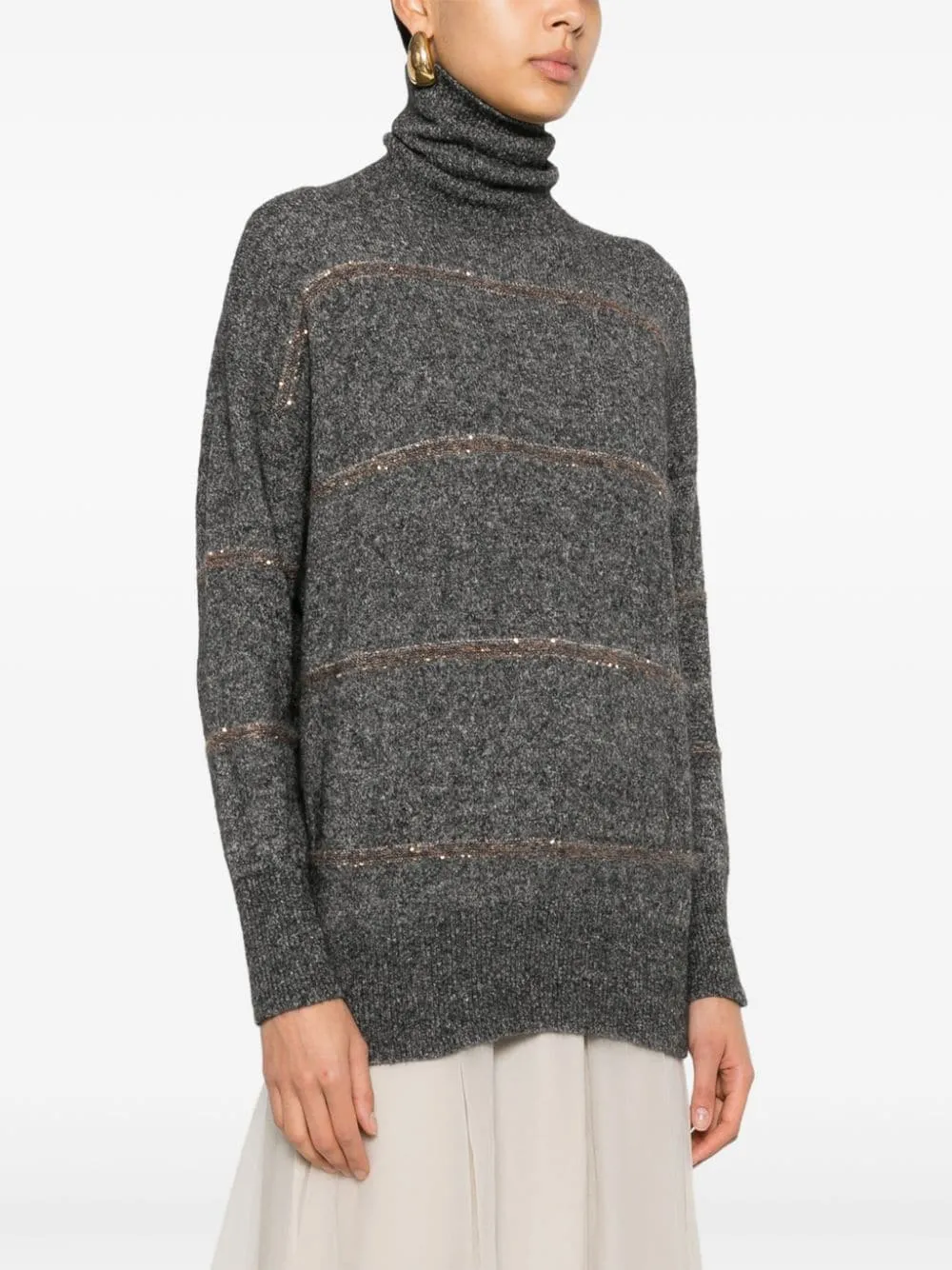 BRUNELLO CUCINELLI Elegant Dark Grey Sequined Wool Turtleneck Sweater