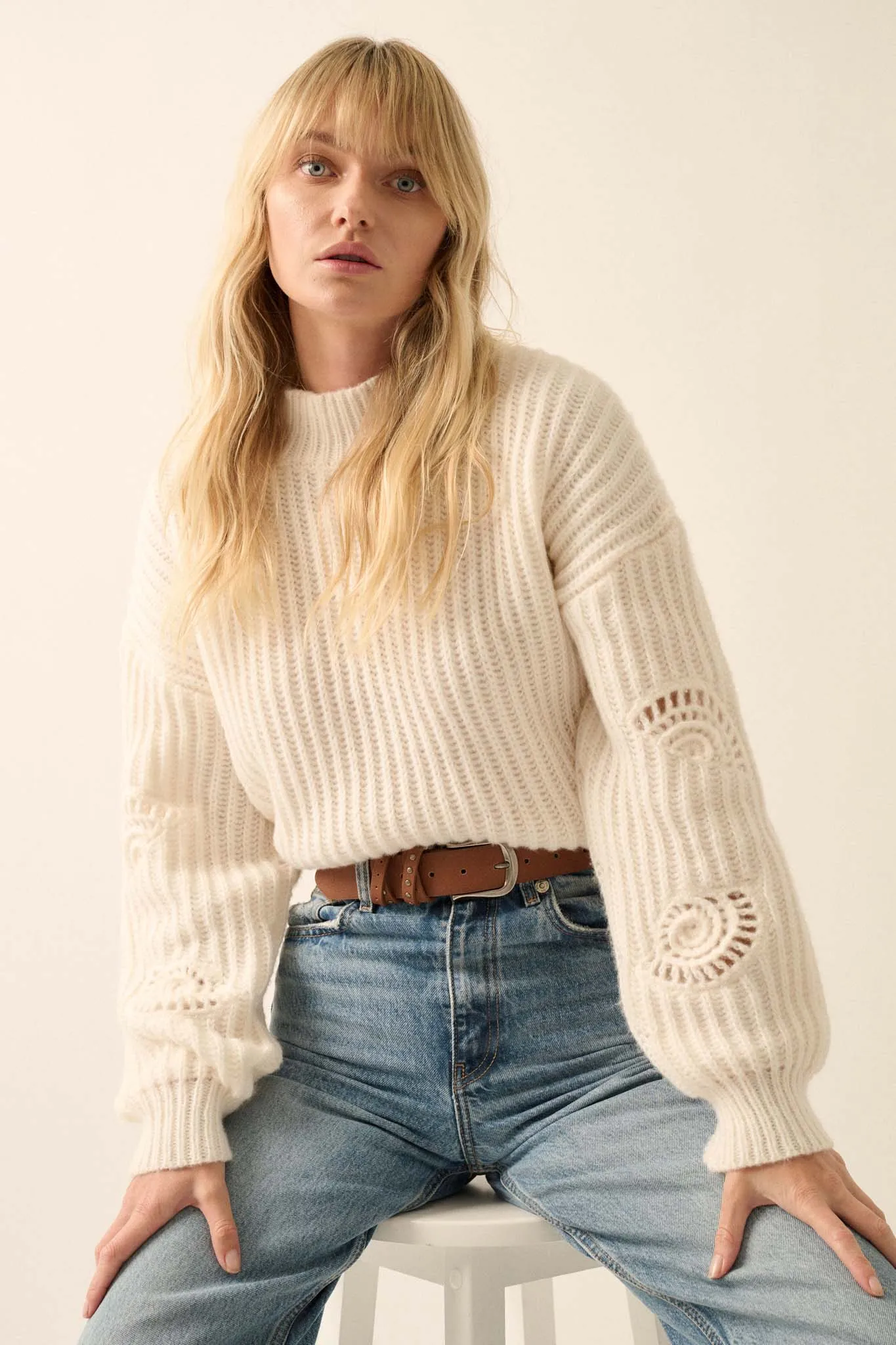 By the Seashore Pointelle Detail Rib-Knit Sweater