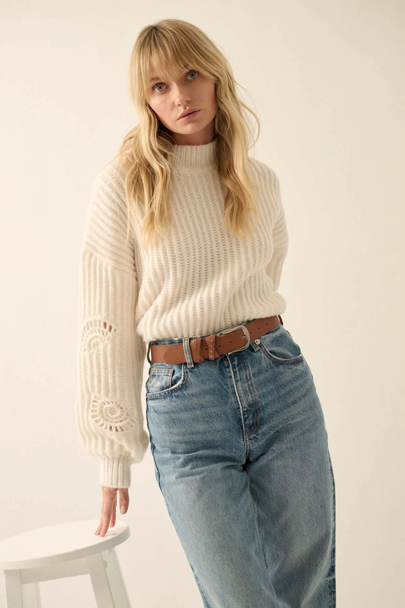 By the Seashore Pointelle Detail Rib-Knit Sweater