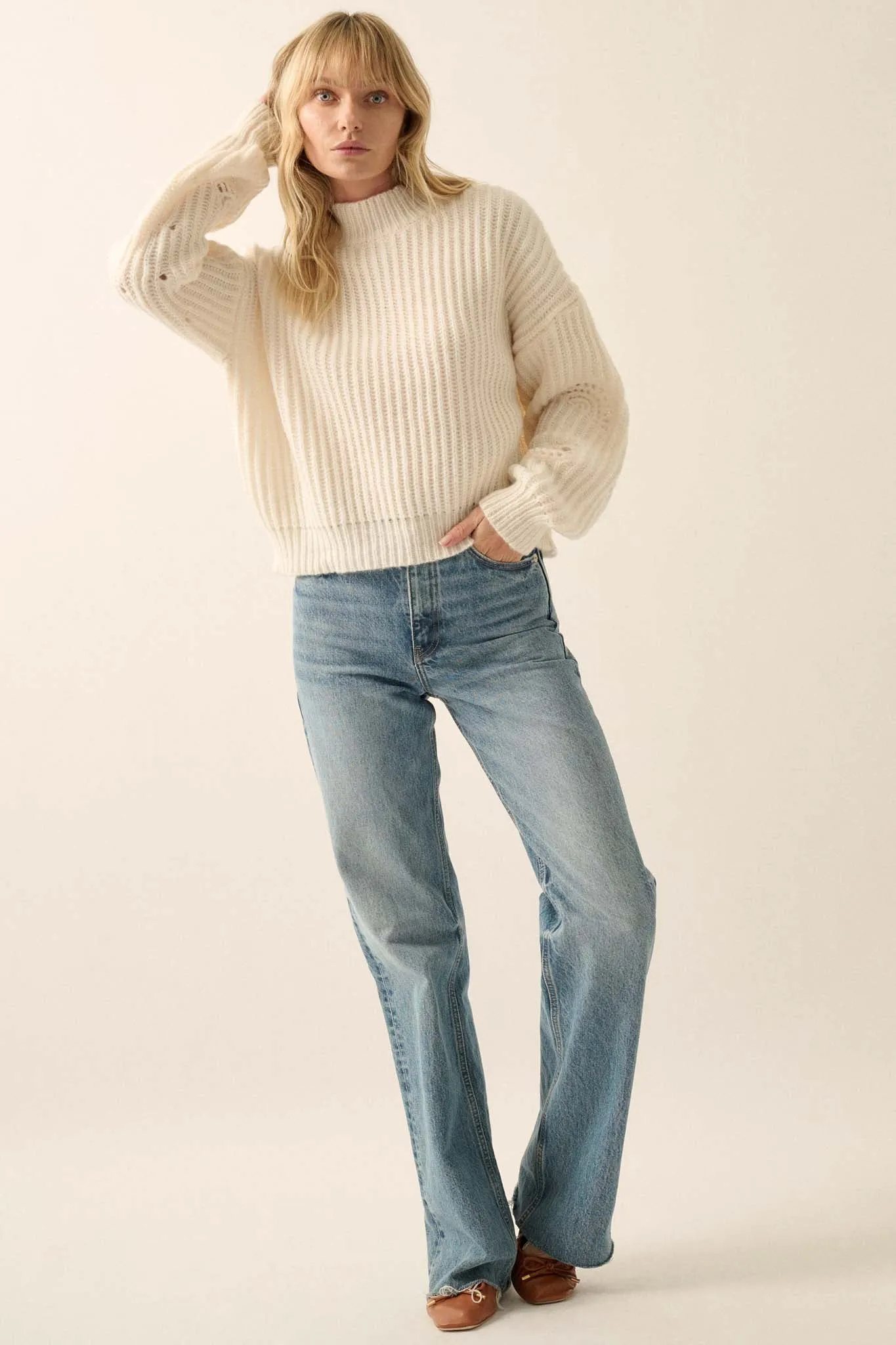 By the Seashore Pointelle Detail Rib-Knit Sweater