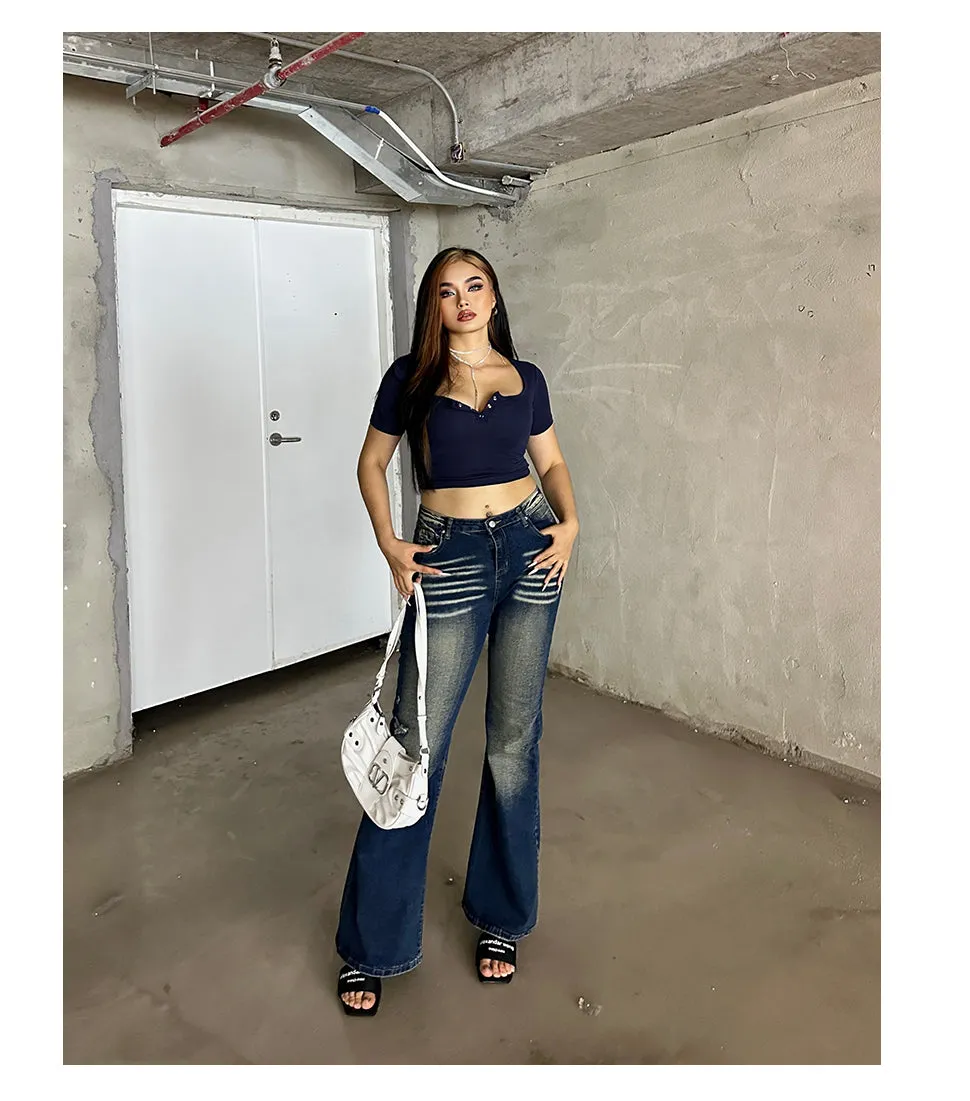 Celcia Plus Size Denim Blue Washed Low Waist Flare Jeans Pants