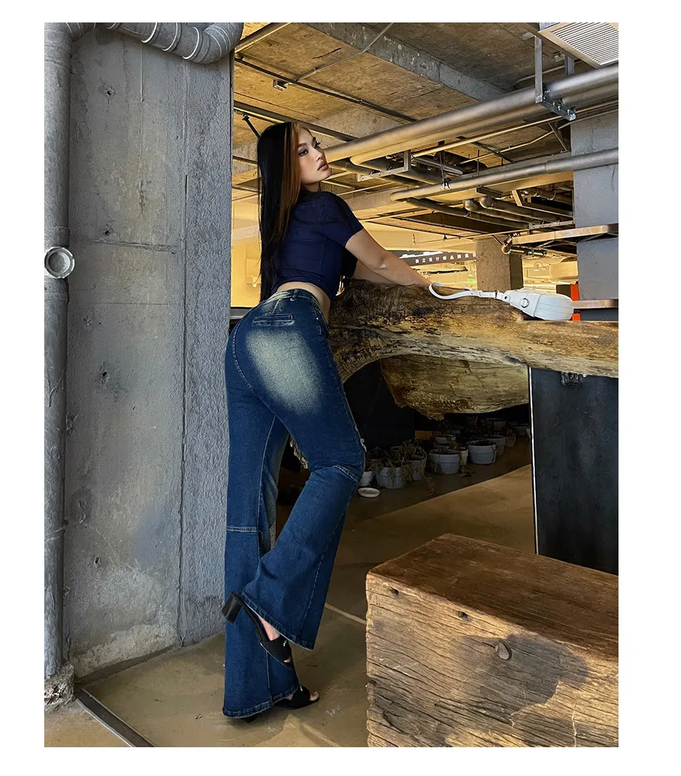 Celcia Plus Size Denim Blue Washed Low Waist Flare Jeans Pants