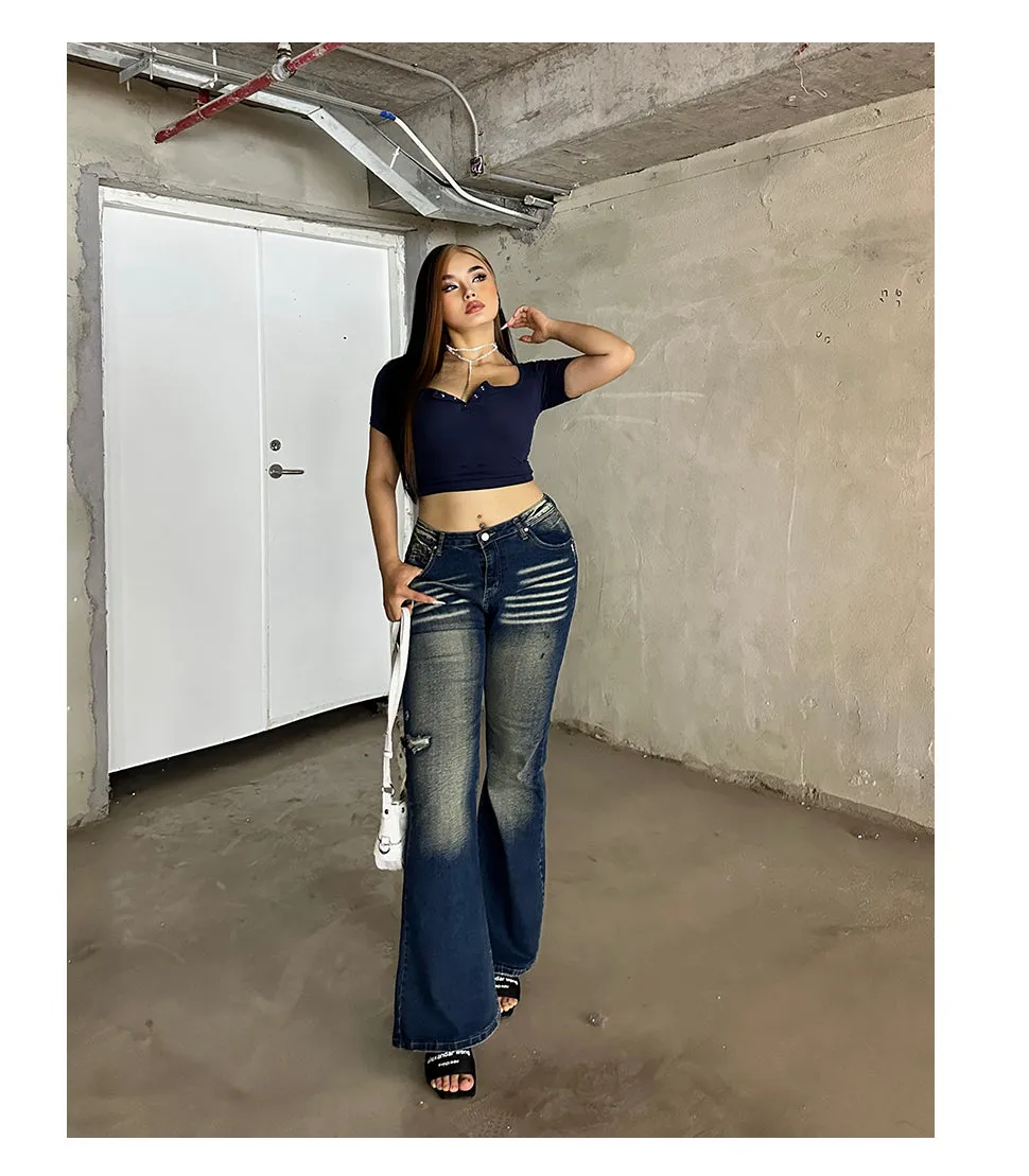 Celcia Plus Size Denim Blue Washed Low Waist Flare Jeans Pants