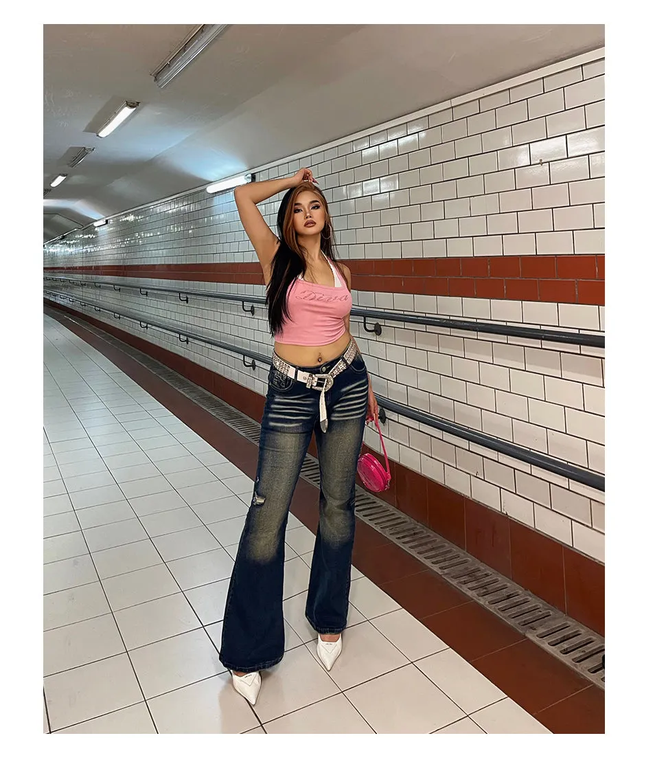 Celcia Plus Size Denim Blue Washed Low Waist Flare Jeans Pants