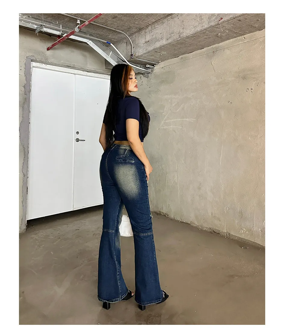 Celcia Plus Size Denim Blue Washed Low Waist Flare Jeans Pants