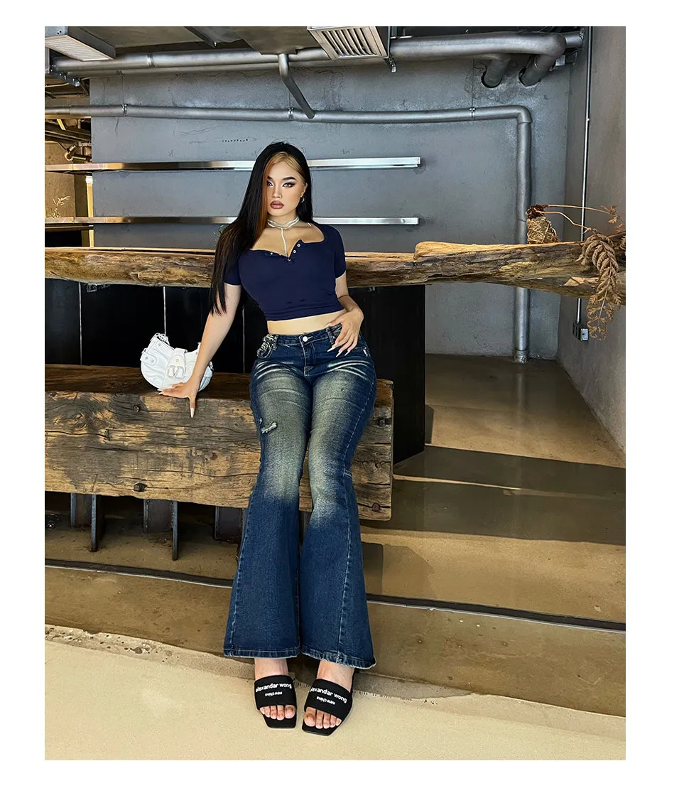 Celcia Plus Size Denim Blue Washed Low Waist Flare Jeans Pants