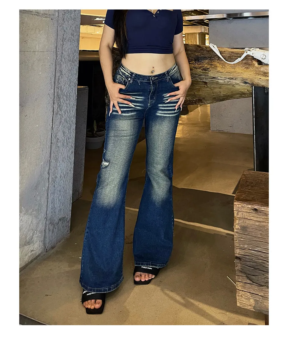 Celcia Plus Size Denim Blue Washed Low Waist Flare Jeans Pants