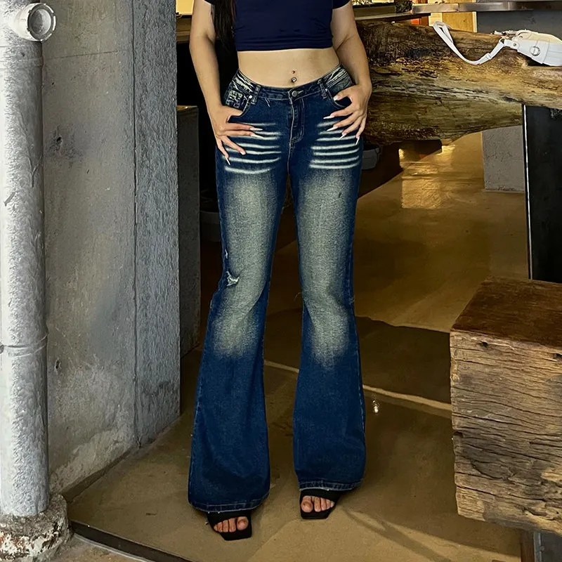 Celcia Plus Size Denim Blue Washed Low Waist Flare Jeans Pants