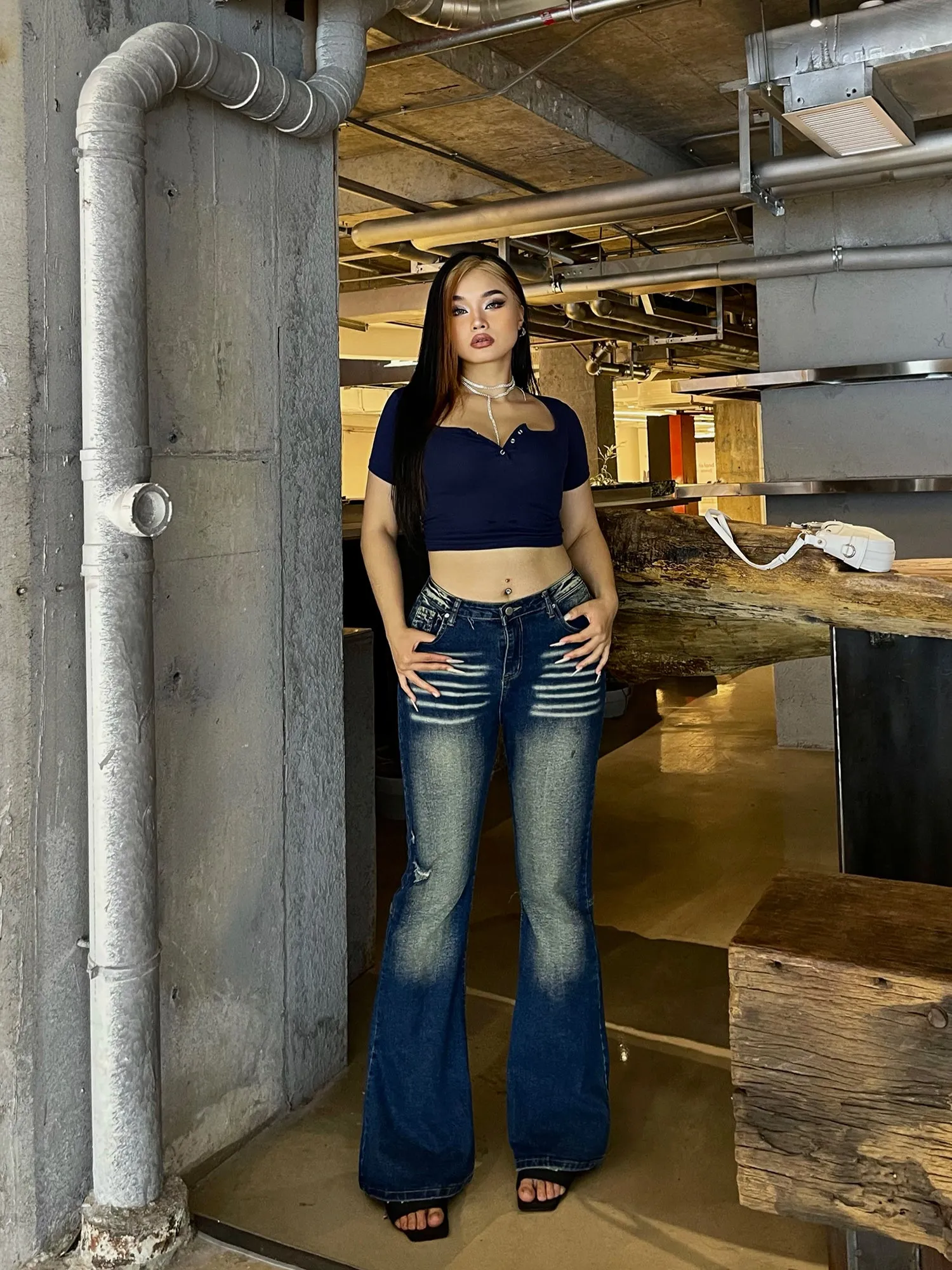 Celcia Plus Size Denim Blue Washed Low Waist Flare Jeans Pants