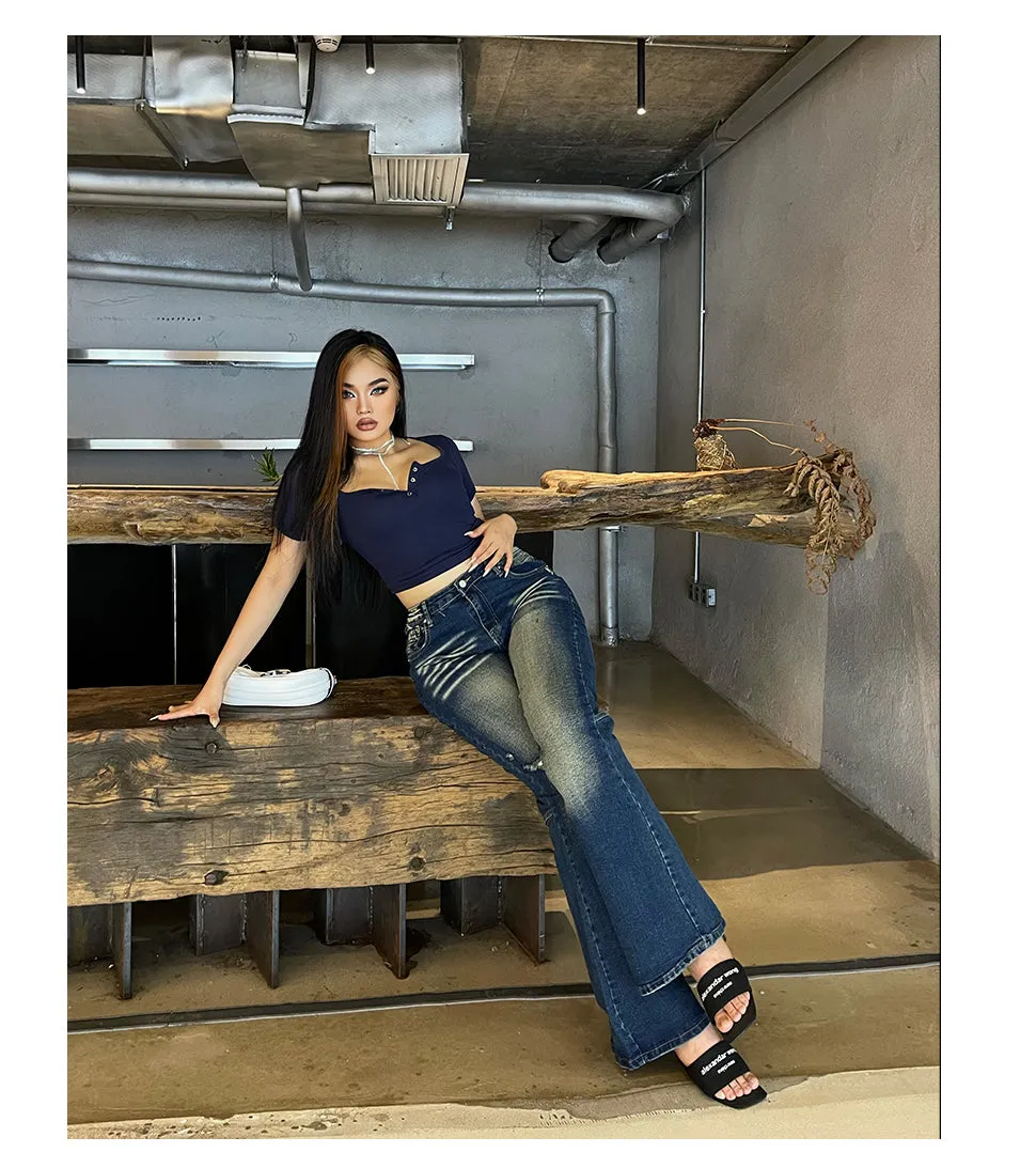 Celcia Plus Size Denim Blue Washed Low Waist Flare Jeans Pants