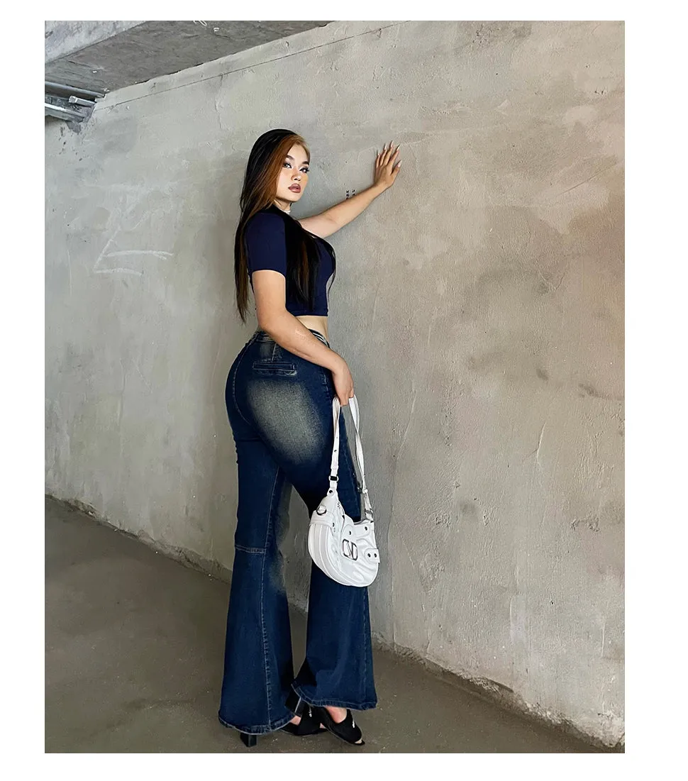 Celcia Plus Size Denim Blue Washed Low Waist Flare Jeans Pants