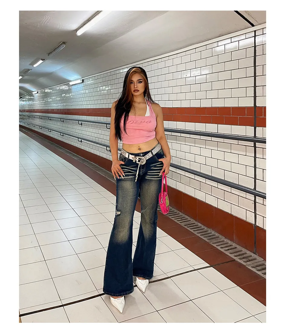 Celcia Plus Size Denim Blue Washed Low Waist Flare Jeans Pants