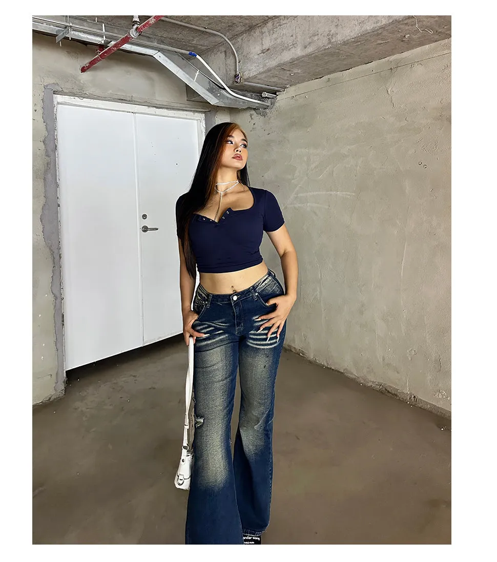 Celcia Plus Size Denim Blue Washed Low Waist Flare Jeans Pants