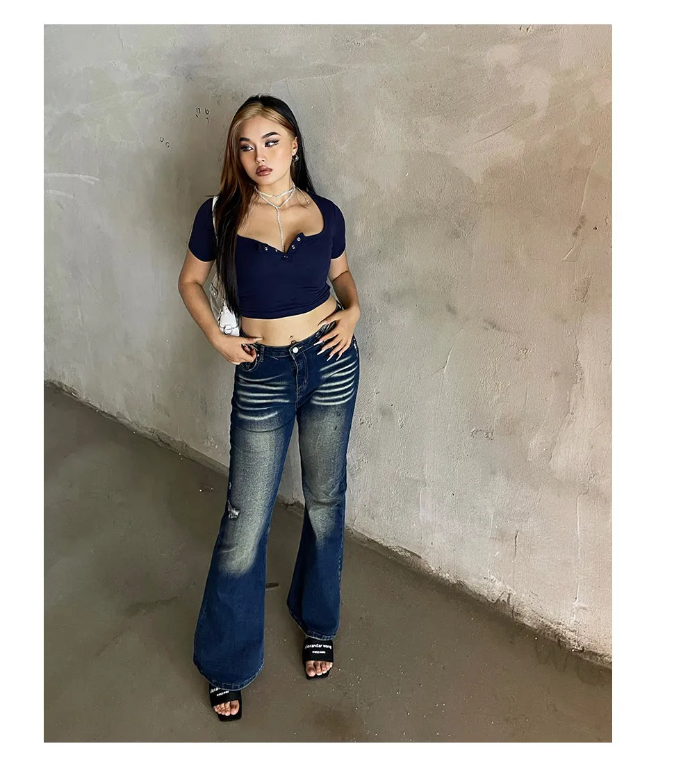 Celcia Plus Size Denim Blue Washed Low Waist Flare Jeans Pants