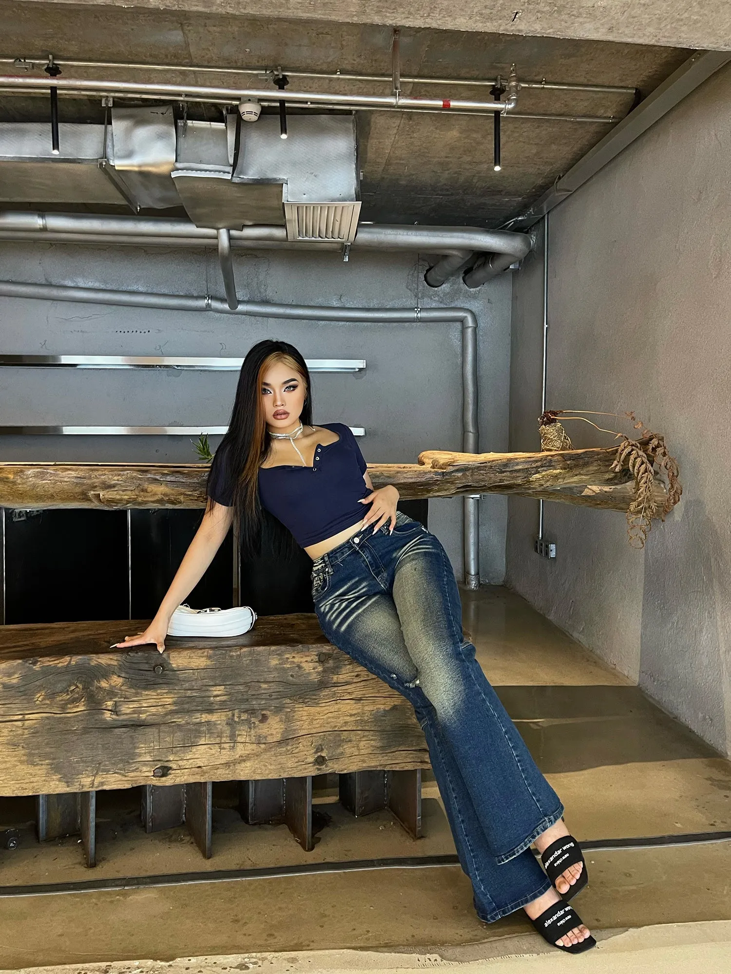 Celcia Plus Size Denim Blue Washed Low Waist Flare Jeans Pants