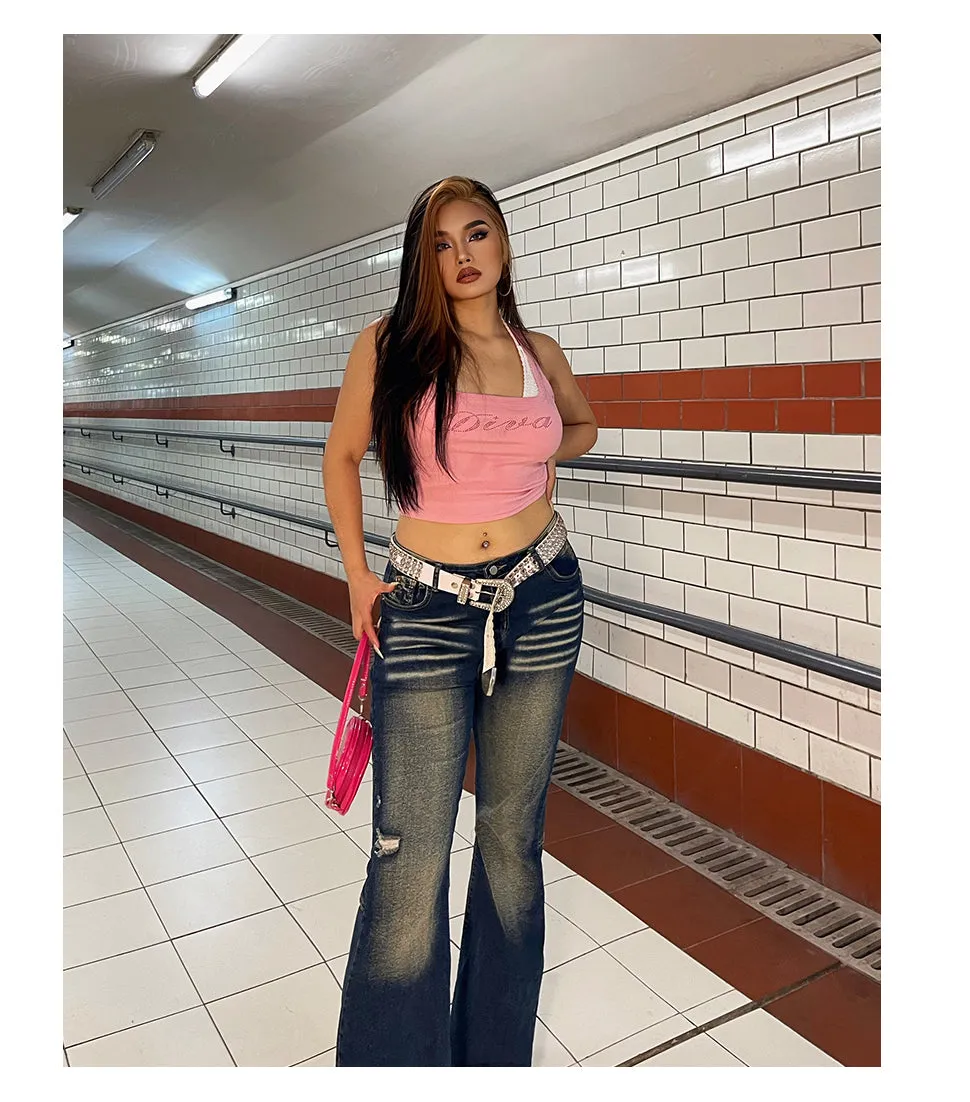 Celcia Plus Size Denim Blue Washed Low Waist Flare Jeans Pants