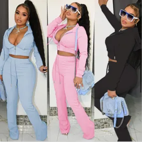 Fashion solid color pocket flared pants two-piece set AY3574