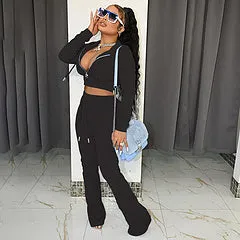 Fashion solid color pocket flared pants two-piece set AY3574