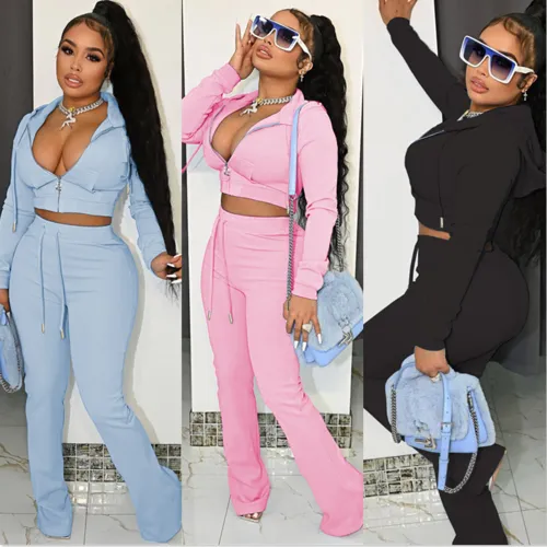Fashion solid color pocket flared pants two-piece set AY3574