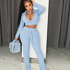 Fashion solid color pocket flared pants two-piece set AY3574