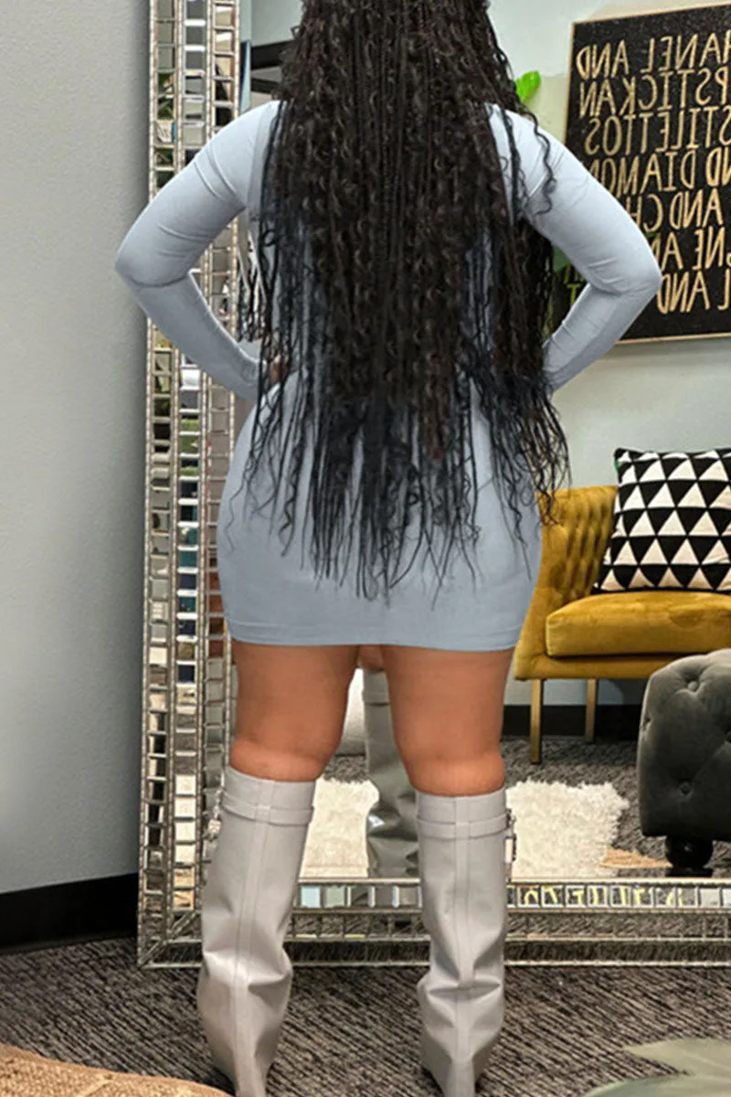 Fashionkova Blue Gray Sexy Solid Patchwork Half A Turtleneck Pencil Skirt Dresses