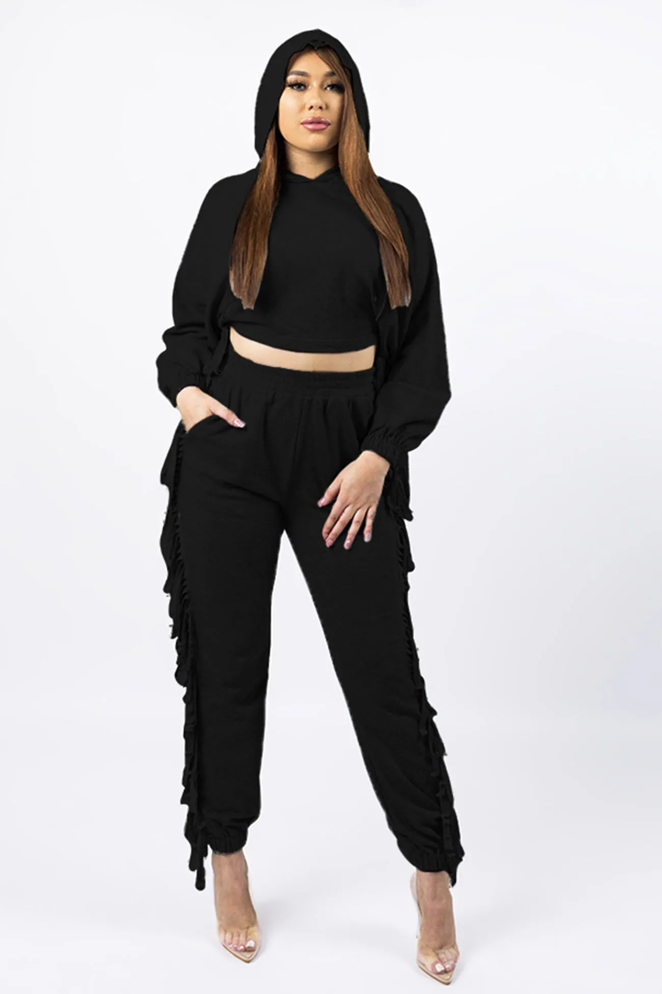 Fringe Hoodie Crop Top Pants Set