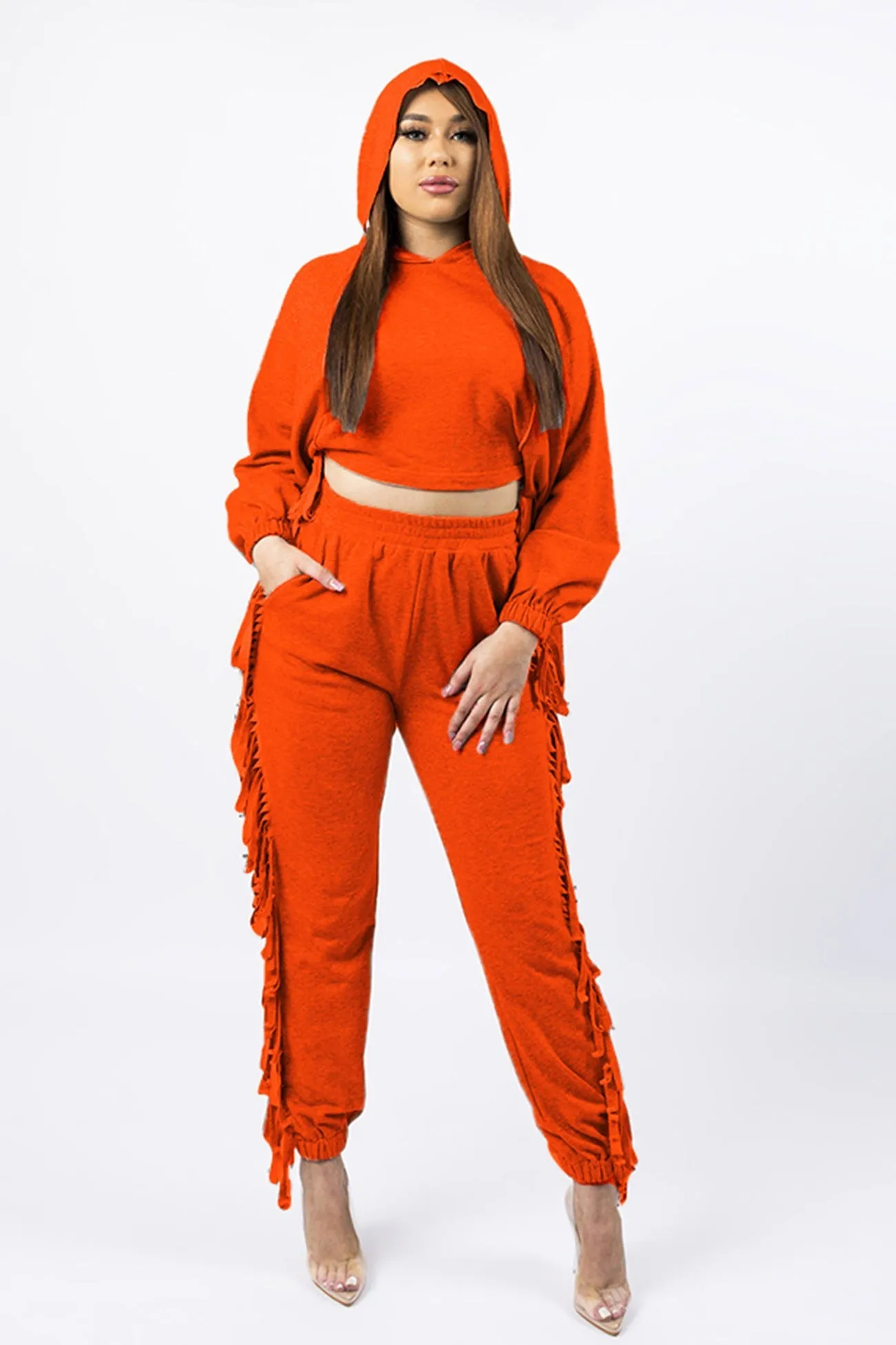 Fringe Hoodie Crop Top Pants Set
