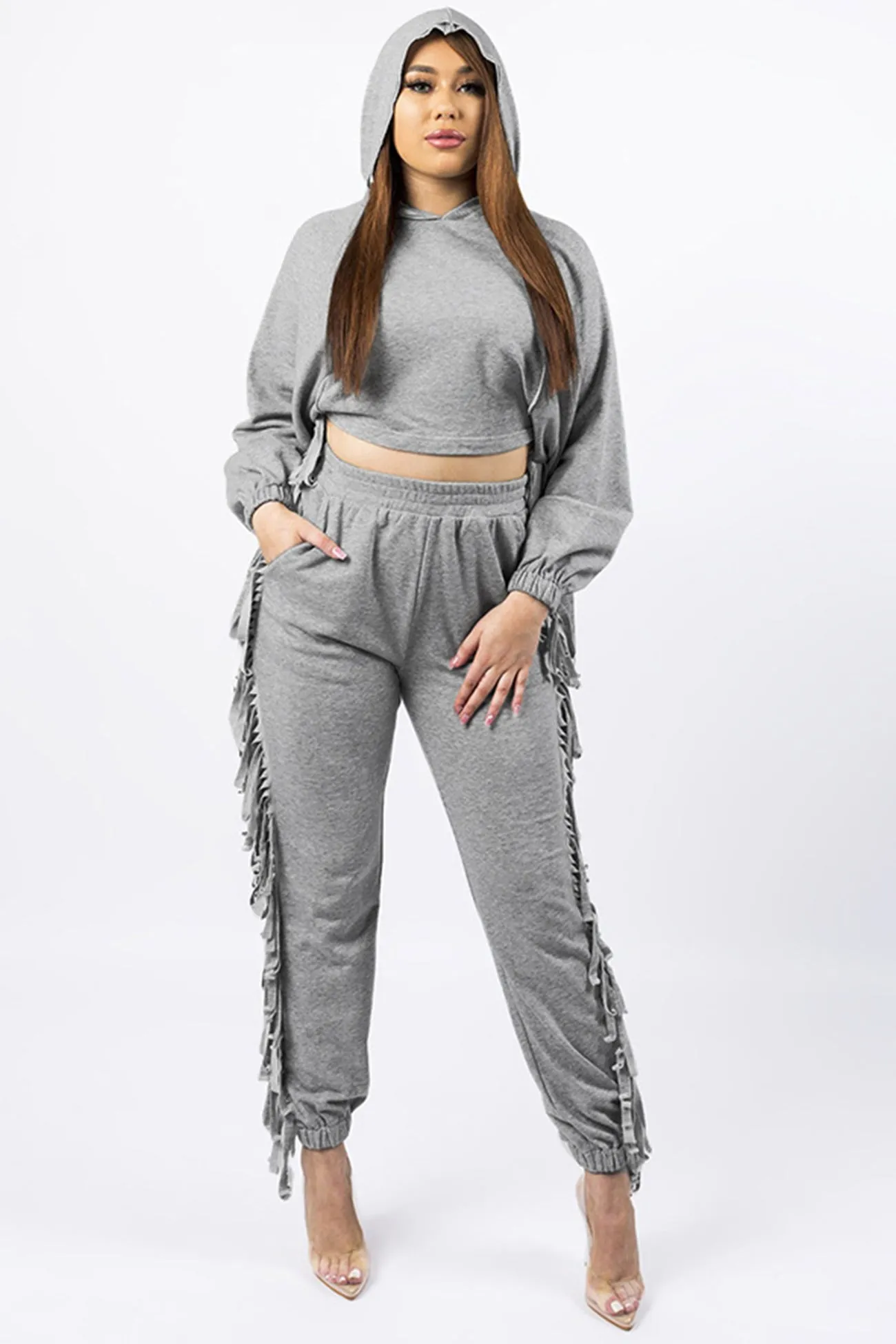 Fringe Hoodie Crop Top Pants Set