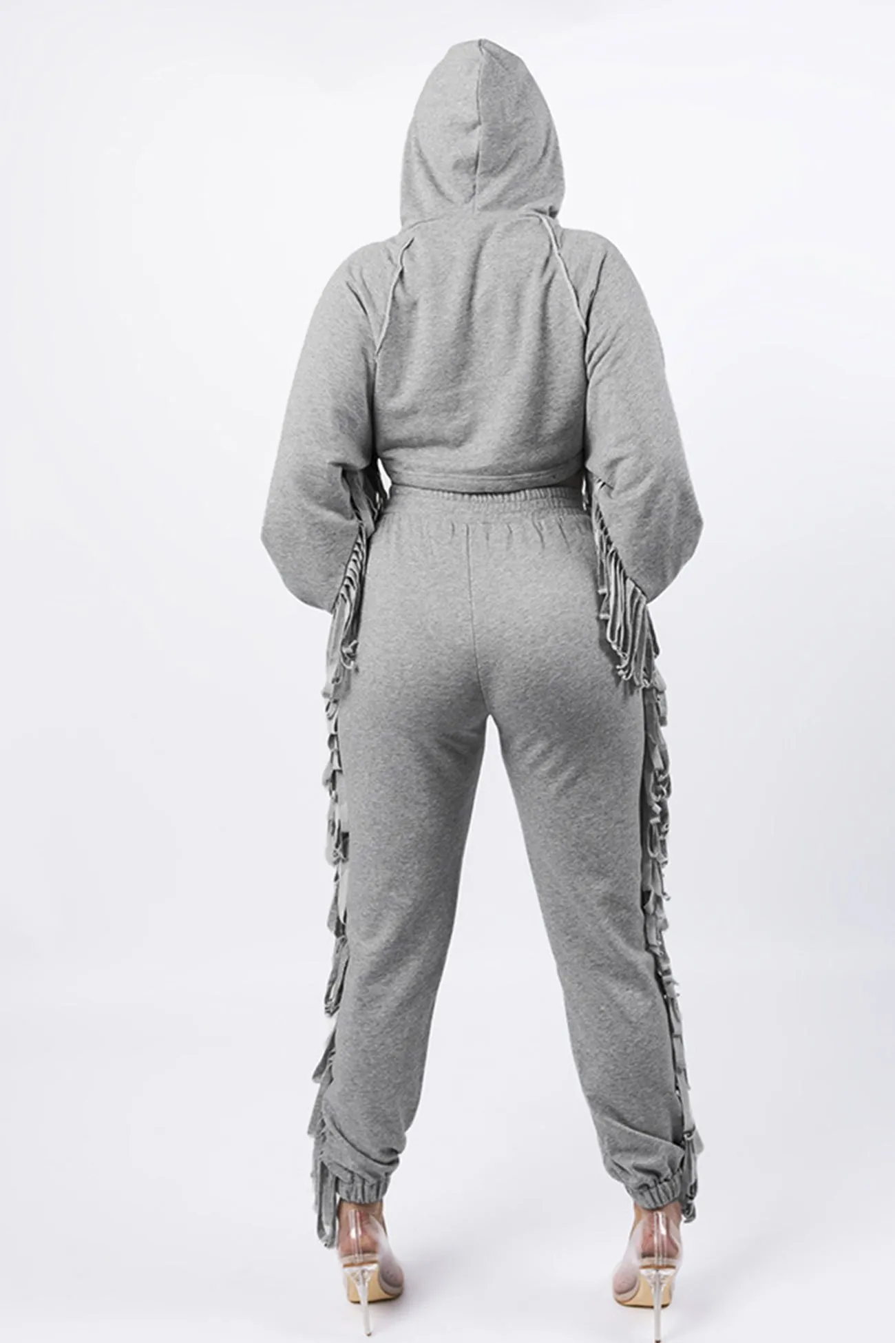 Fringe Hoodie Crop Top Pants Set