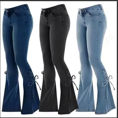 Girlary-shop summer outfits inspo Women's Jeans Mid-Waist Lace-up Denim Trousers Stretch Jeans Women's Flared Pants Denim