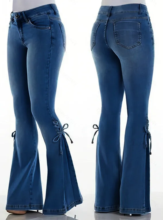 Girlary-shop summer outfits inspo Women's Jeans Mid-Waist Lace-up Denim Trousers Stretch Jeans Women's Flared Pants Denim