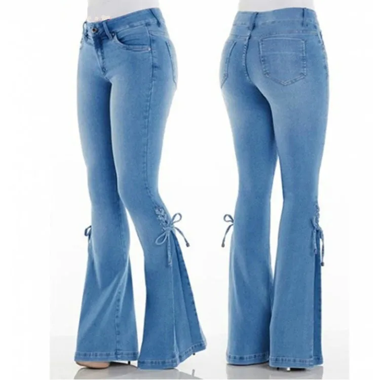 Girlary-shop summer outfits inspo Women's Jeans Mid-Waist Lace-up Denim Trousers Stretch Jeans Women's Flared Pants Denim